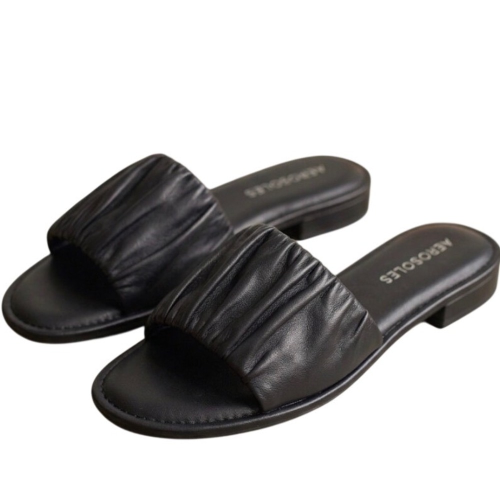 Aerosoles Aware Black Ruched Slide Sandals Faux Leather Flat Open Toe Shoes 7.5